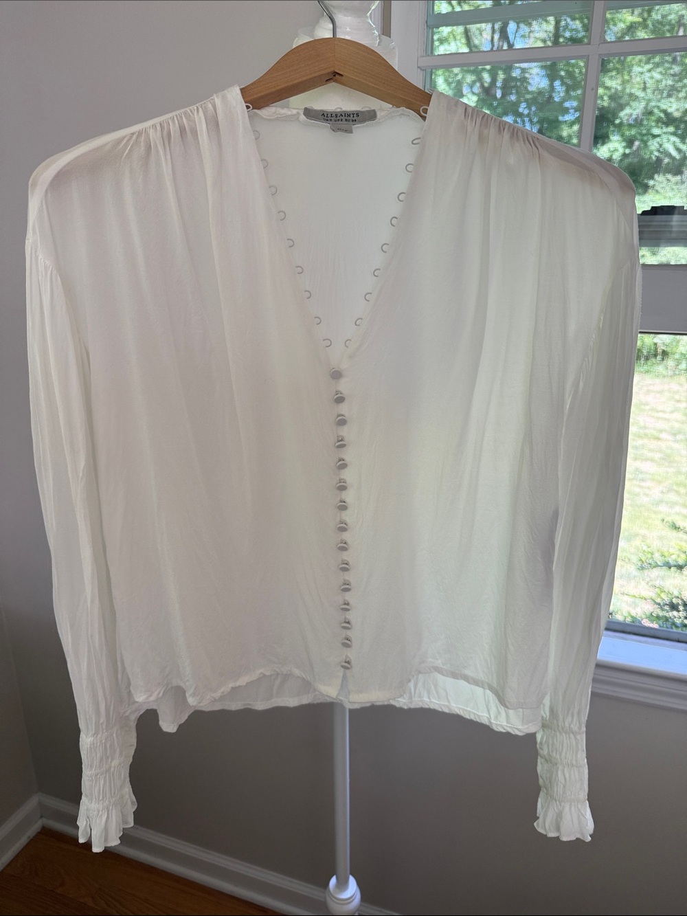 ALLSAINTS Stella Button-Up Top w/Ruffle Sleeves Size 2 —Generously sized.